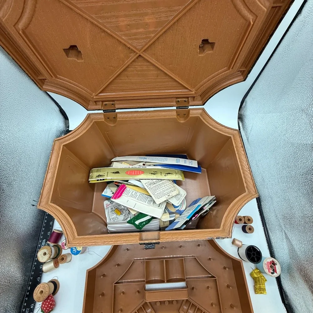 Vintage Faux Wood Sewing Box Ornate Plastic Basket with Tray and Notions Brown